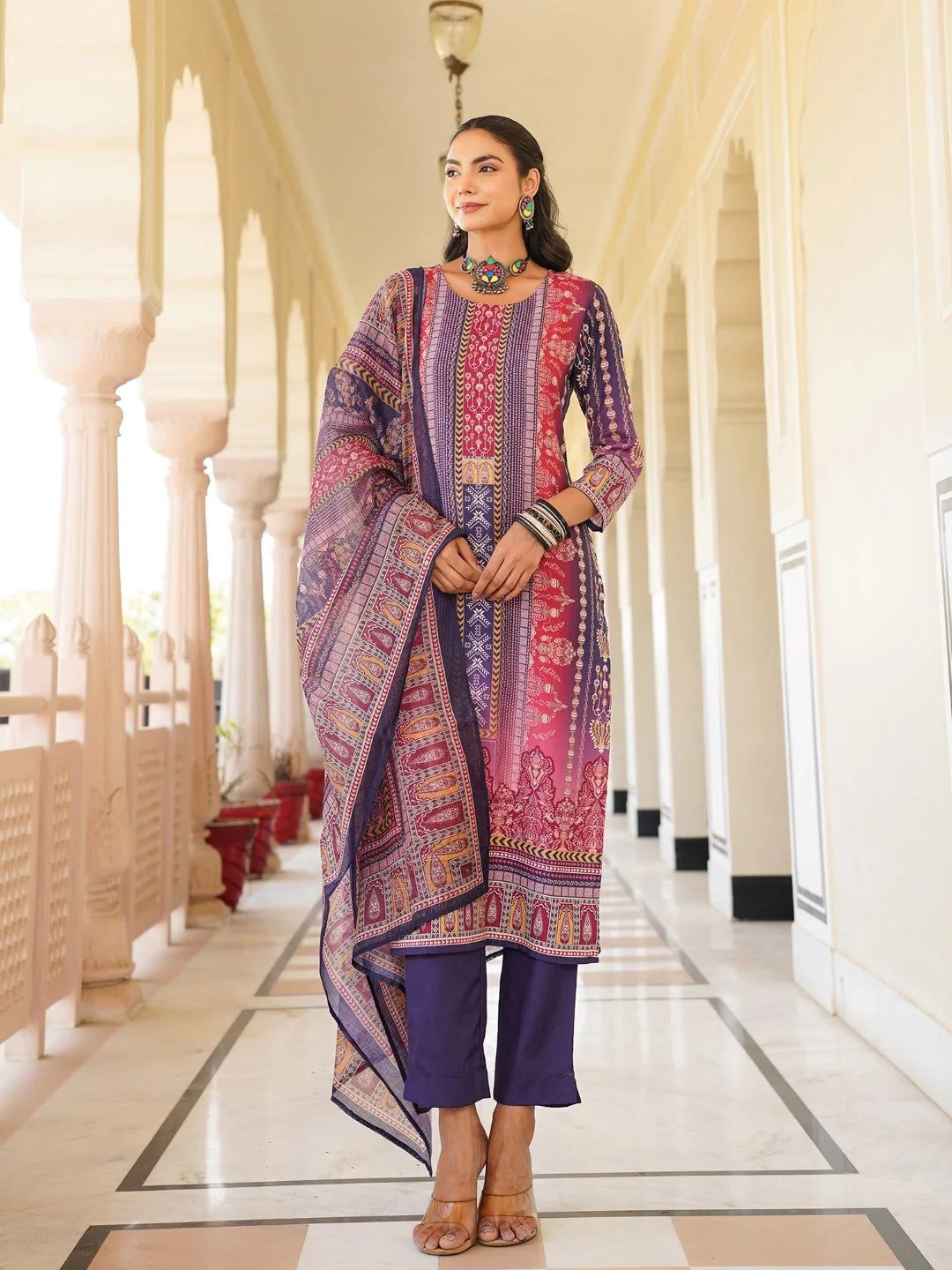 Women Purple Rayon Blend Ethnic Motifs Printed Straight Kurta Trouser With Dupatta