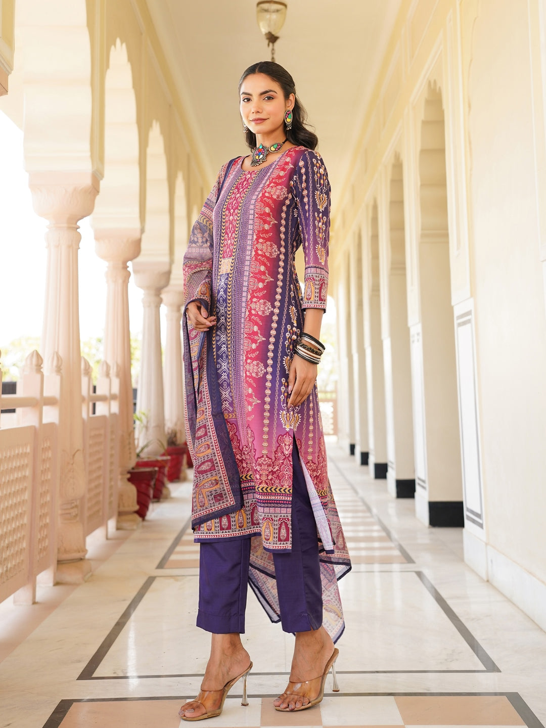 Women Purple Rayon Blend Ethnic Motifs Printed Straight Kurta Trouser With Dupatta