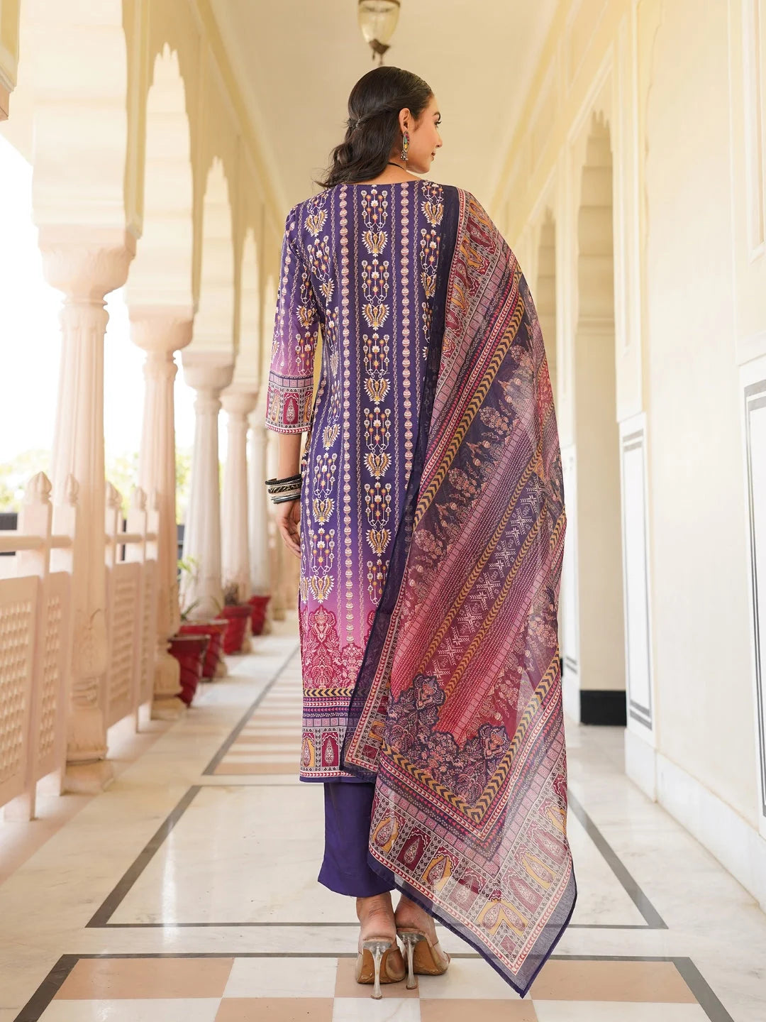 Women Purple Rayon Blend Ethnic Motifs Printed Straight Kurta Trouser With Dupatta