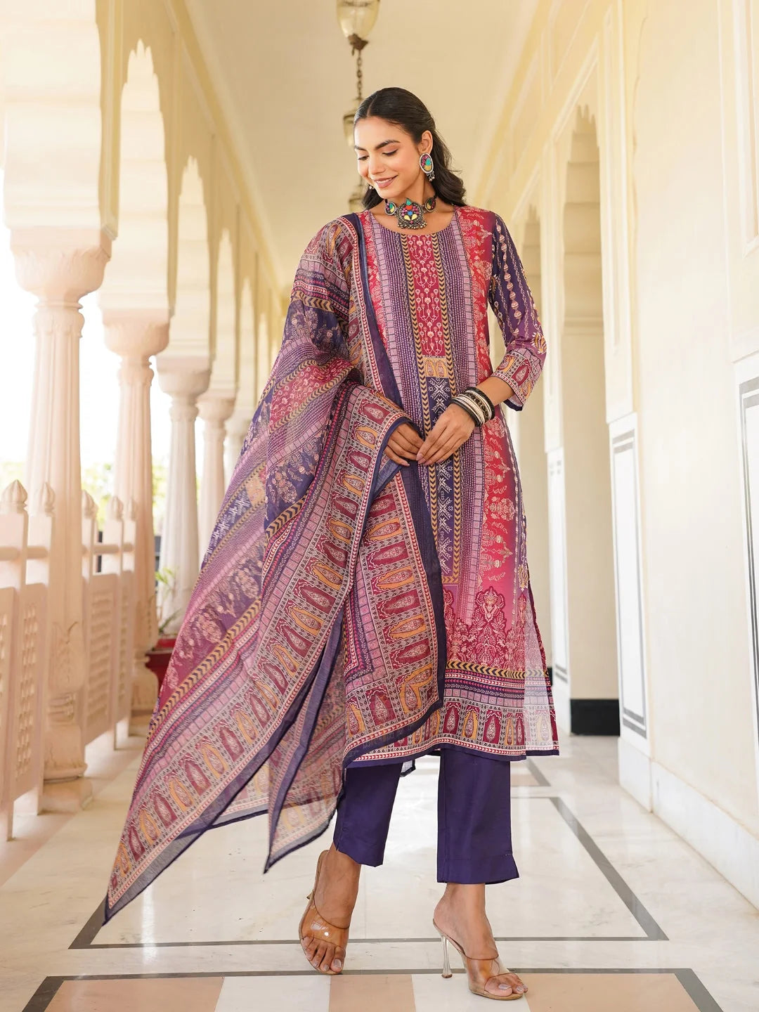 Women Purple Rayon Blend Ethnic Motifs Printed Straight Kurta Trouser With Dupatta