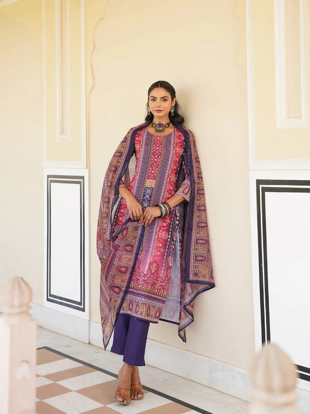 Women Purple Rayon Blend Ethnic Motifs Printed Straight Kurta Trouser With Dupatta