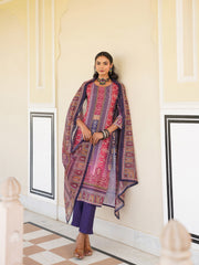 Women Purple Rayon Blend Ethnic Motifs Printed Straight Kurta Trouser With Dupatta-SKSKD3059