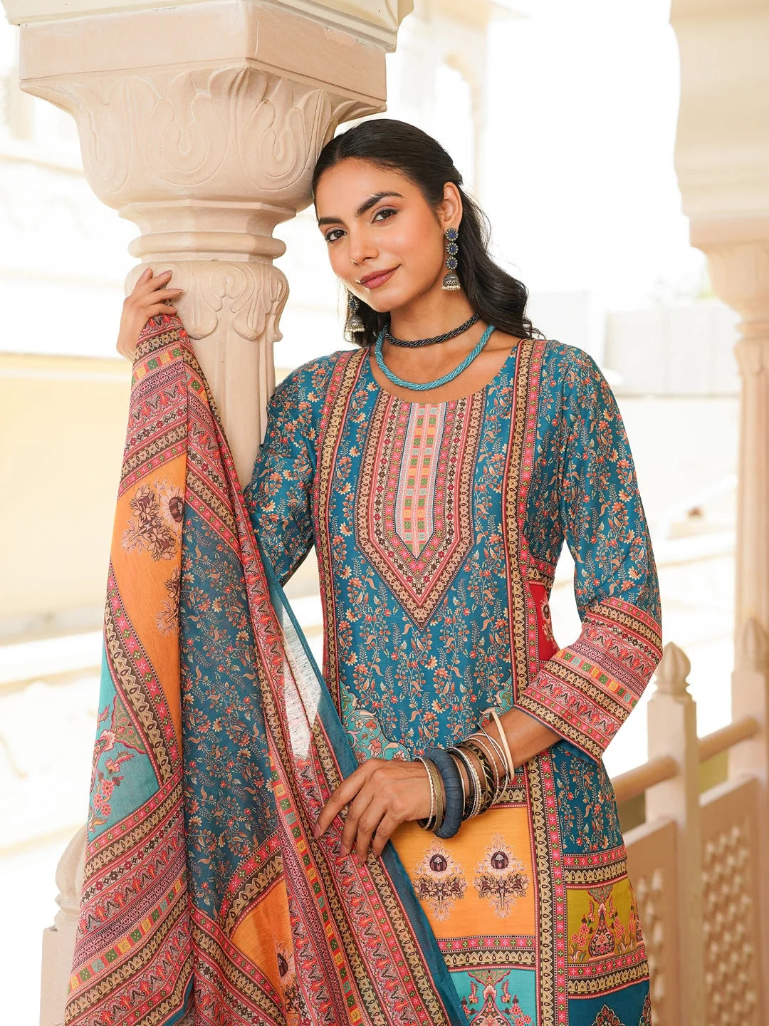 Women Blue Rayon Blend Ethnic Motifs Printed Straight Kurta Trouser With Dupatta