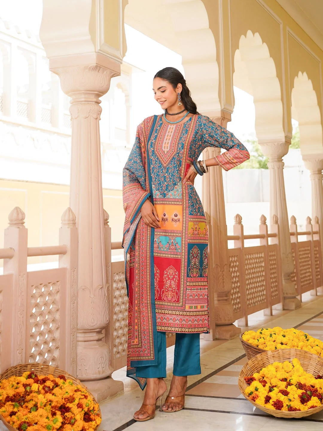 Women Blue Rayon Blend Ethnic Motifs Printed Straight Kurta Trouser With Dupatta