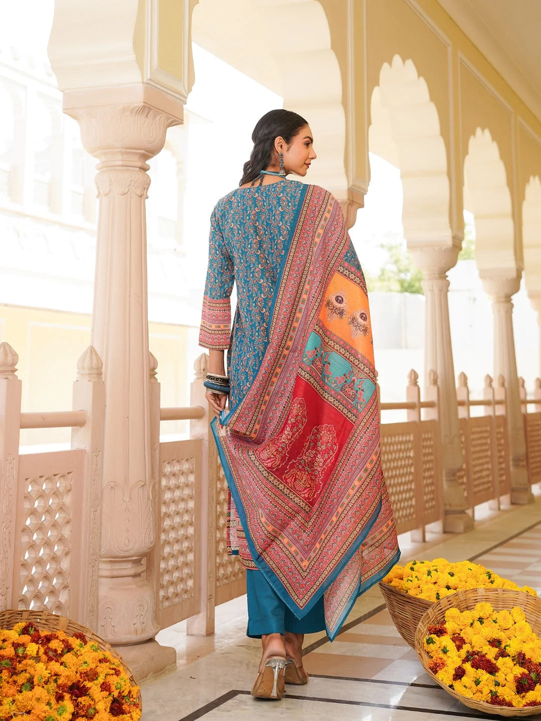 Women Blue Rayon Blend Ethnic Motifs Printed Straight Kurta Trouser With Dupatta