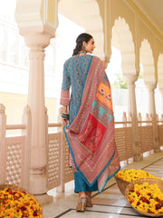 Women Blue Rayon Blend Ethnic Motifs Printed Straight Kurta Trouser With Dupatta-SKSKD3060