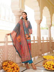 Women Blue Rayon Blend Ethnic Motifs Printed Straight Kurta Trouser With Dupatta-SKSKD3060