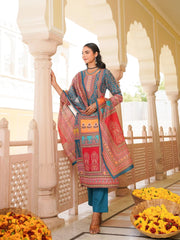 Women Blue Rayon Blend Ethnic Motifs Printed Straight Kurta Trouser With Dupatta-SKSKD3060