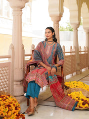 Women Blue Rayon Blend Ethnic Motifs Printed Straight Kurta Trouser With Dupatta-SKSKD3060