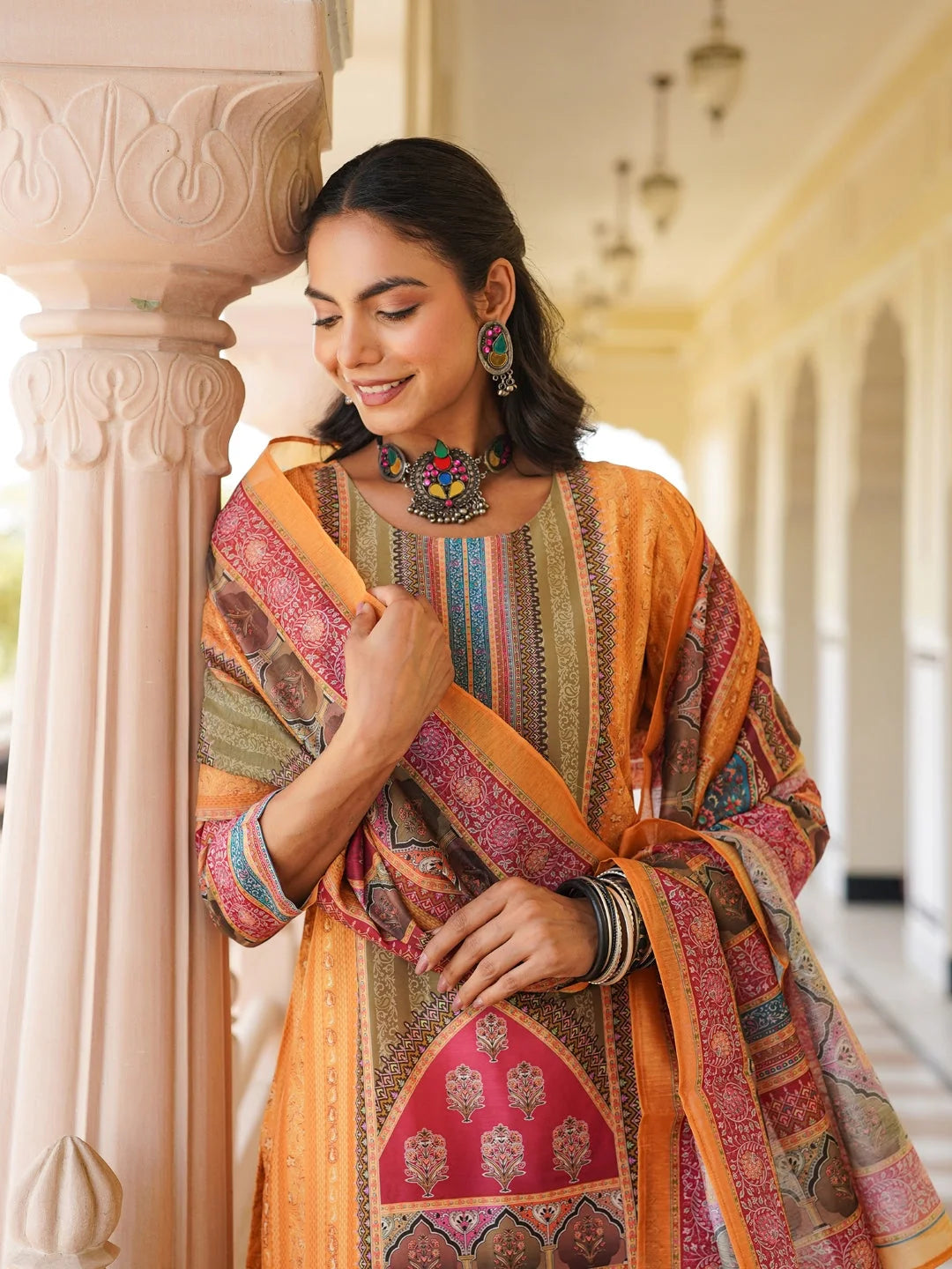 Women Yellow Rayon Blend Ethnic Motifs Printed Straight Kurta Trouser With Dupatta-SKSKD3061