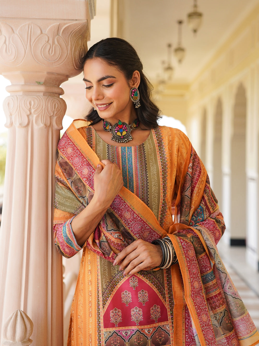 Women Yellow Rayon Blend Ethnic Motifs Printed Straight Kurta Trouser With Dupatta