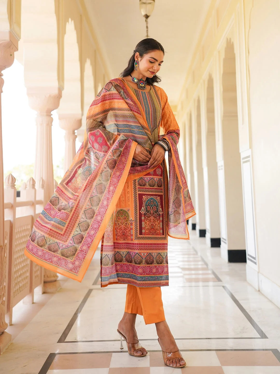 Women Yellow Rayon Blend Ethnic Motifs Printed Straight Kurta Trouser With Dupatta