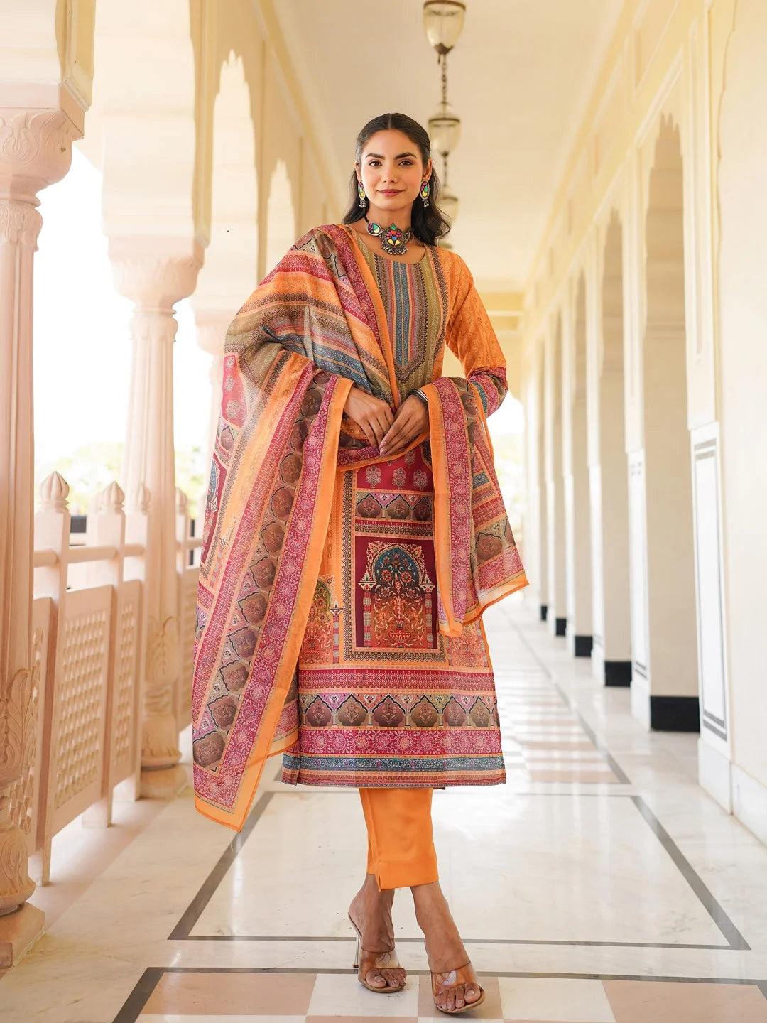 Women Yellow Rayon Blend Ethnic Motifs Printed Straight Kurta Trouser With Dupatta