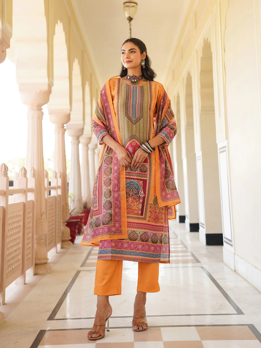 Women Yellow Rayon Blend Ethnic Motifs Printed Straight Kurta Trouser With Dupatta