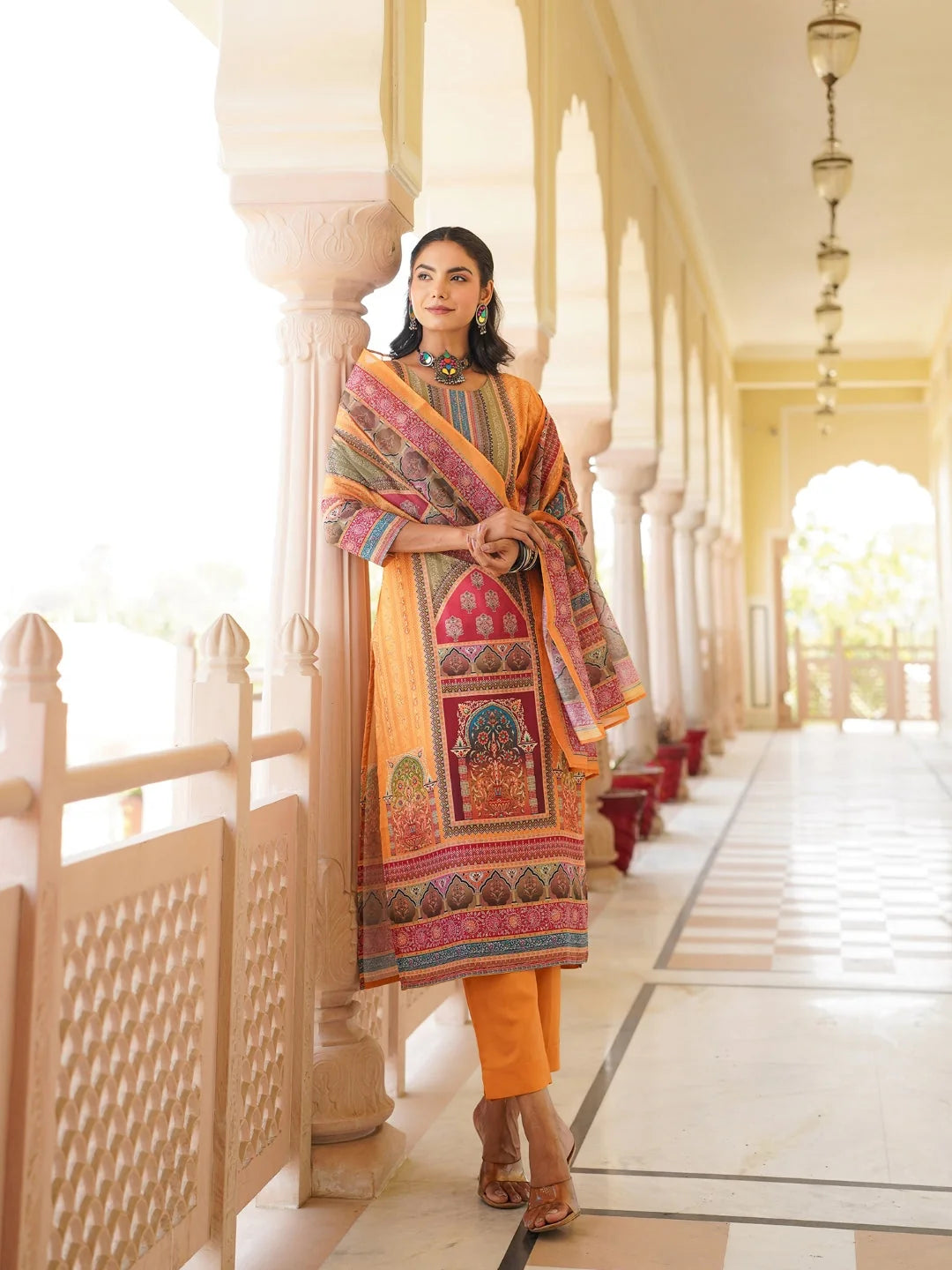 Women Yellow Rayon Blend Ethnic Motifs Printed Straight Kurta Trouser With Dupatta