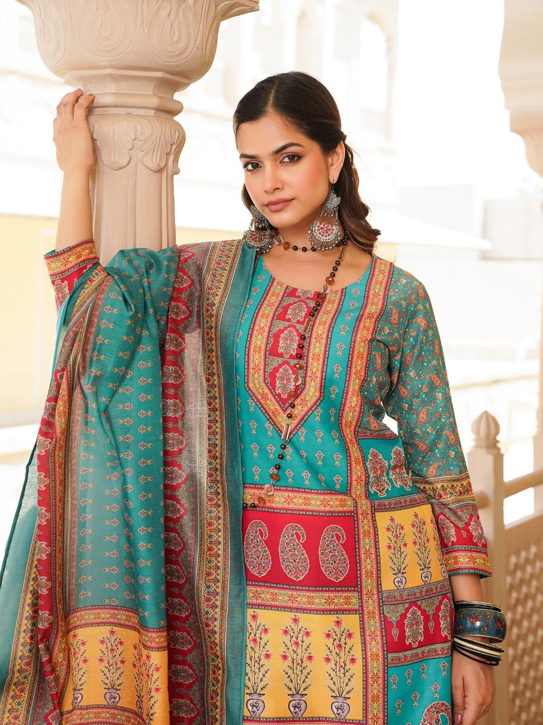 Women Blue Rayon Blend Ethnic Motifs Printed Straight Kurta Trouser With Dupatta