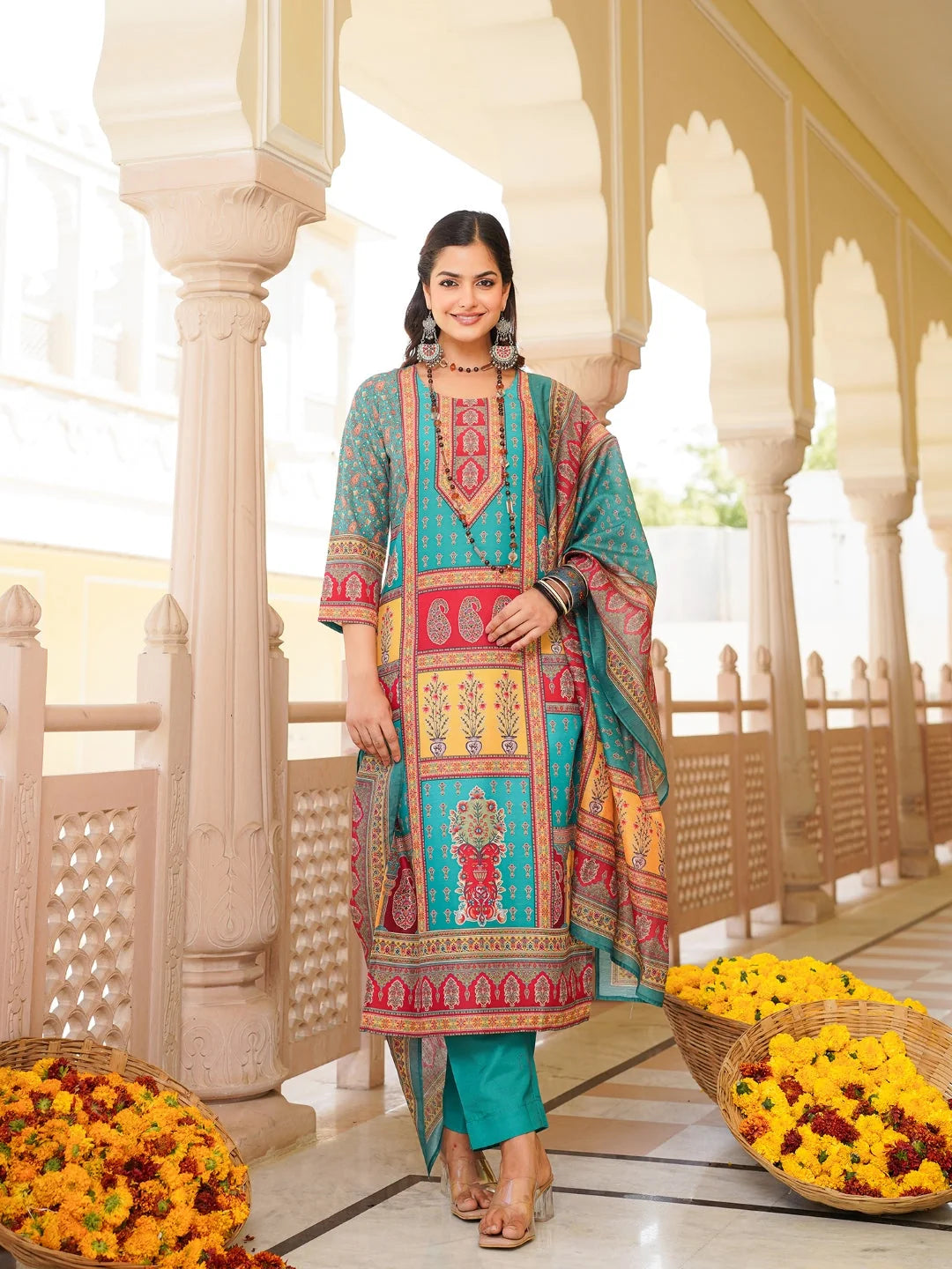 Women Blue Rayon Blend Ethnic Motifs Printed Straight Kurta Trouser With Dupatta