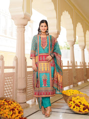 Women Blue Rayon Blend Ethnic Motifs Printed Straight Kurta Trouser With Dupatta-SKSKD3062