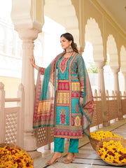 Women Blue Rayon Blend Ethnic Motifs Printed Straight Kurta Trouser With Dupatta-SKSKD3062