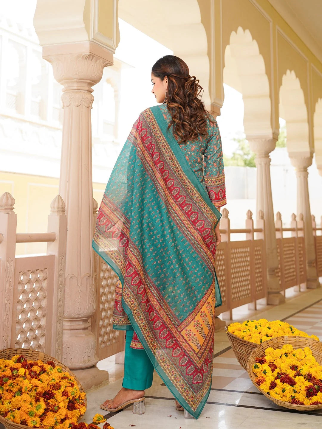 Women Blue Rayon Blend Ethnic Motifs Printed Straight Kurta Trouser With Dupatta