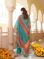 Women Blue Rayon Blend Ethnic Motifs Printed Straight Kurta Trouser With Dupatta-SKSKD3062