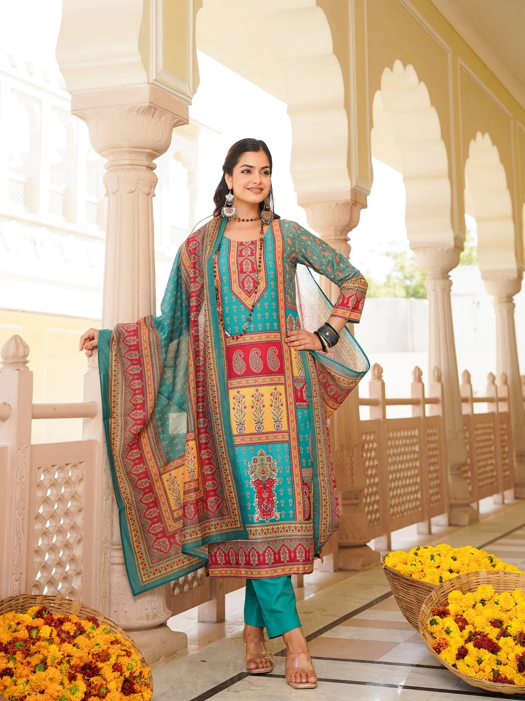 Women Blue Rayon Blend Ethnic Motifs Printed Straight Kurta Trouser With Dupatta