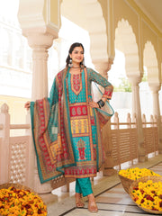 Women Blue Rayon Blend Ethnic Motifs Printed Straight Kurta Trouser With Dupatta-SKSKD3062
