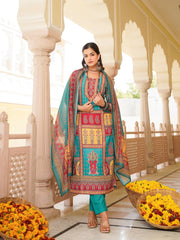 Women Blue Rayon Blend Ethnic Motifs Printed Straight Kurta Trouser With Dupatta-SKSKD3062