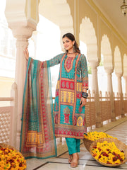 Women Blue Rayon Blend Ethnic Motifs Printed Straight Kurta Trouser With Dupatta-SKSKD3062