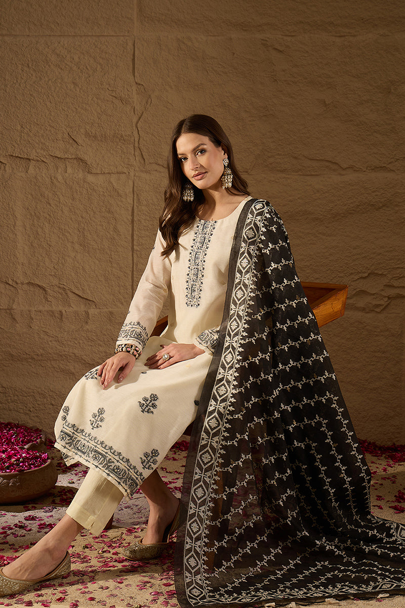Off White Chanderi Woven Design Jacquard Straight Kurta Trouser with Dupatta SKSKD3067