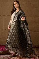 Off White Chanderi Woven Design Jacquard Straight Kurta Trouser with Dupatta SKSKD3067