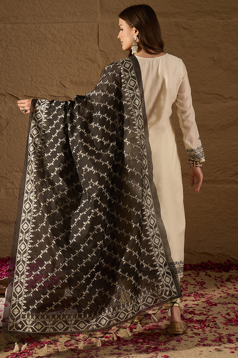 Off White Chanderi Woven Design Jacquard Straight Kurta Trouser with Dupatta SKSKD3067