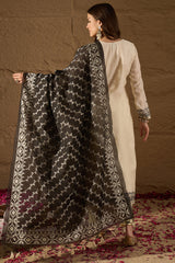Off White Chanderi Woven Design Jacquard Straight Kurta Trouser with Dupatta SKSKD3067