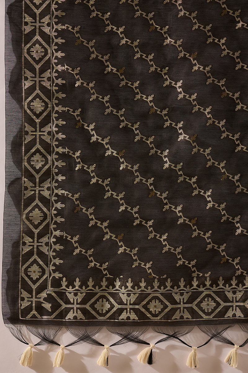 Off White Chanderi Woven Design Jacquard Straight Kurta Trouser with Dupatta SKSKD3067