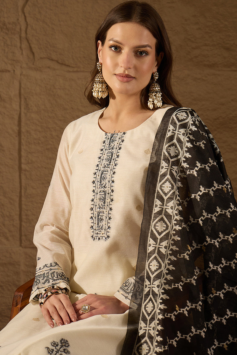 Off White Chanderi Woven Design Jacquard Straight Kurta Trouser with Dupatta SKSKD3067
