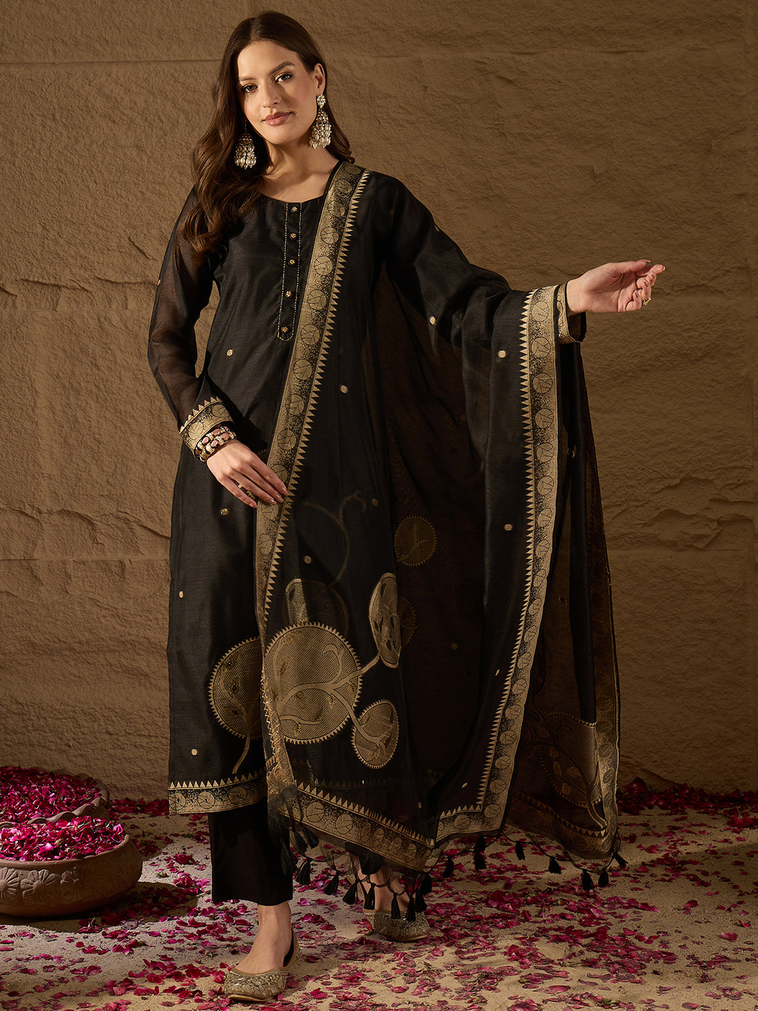 Women Red Chanderi Solid Woven Design Straight Kurta Trousers With Dupatta-SKSKD3069
