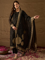 Women Red Chanderi Solid Woven Design Straight Kurta Trousers With Dupatta-SKSKD3069