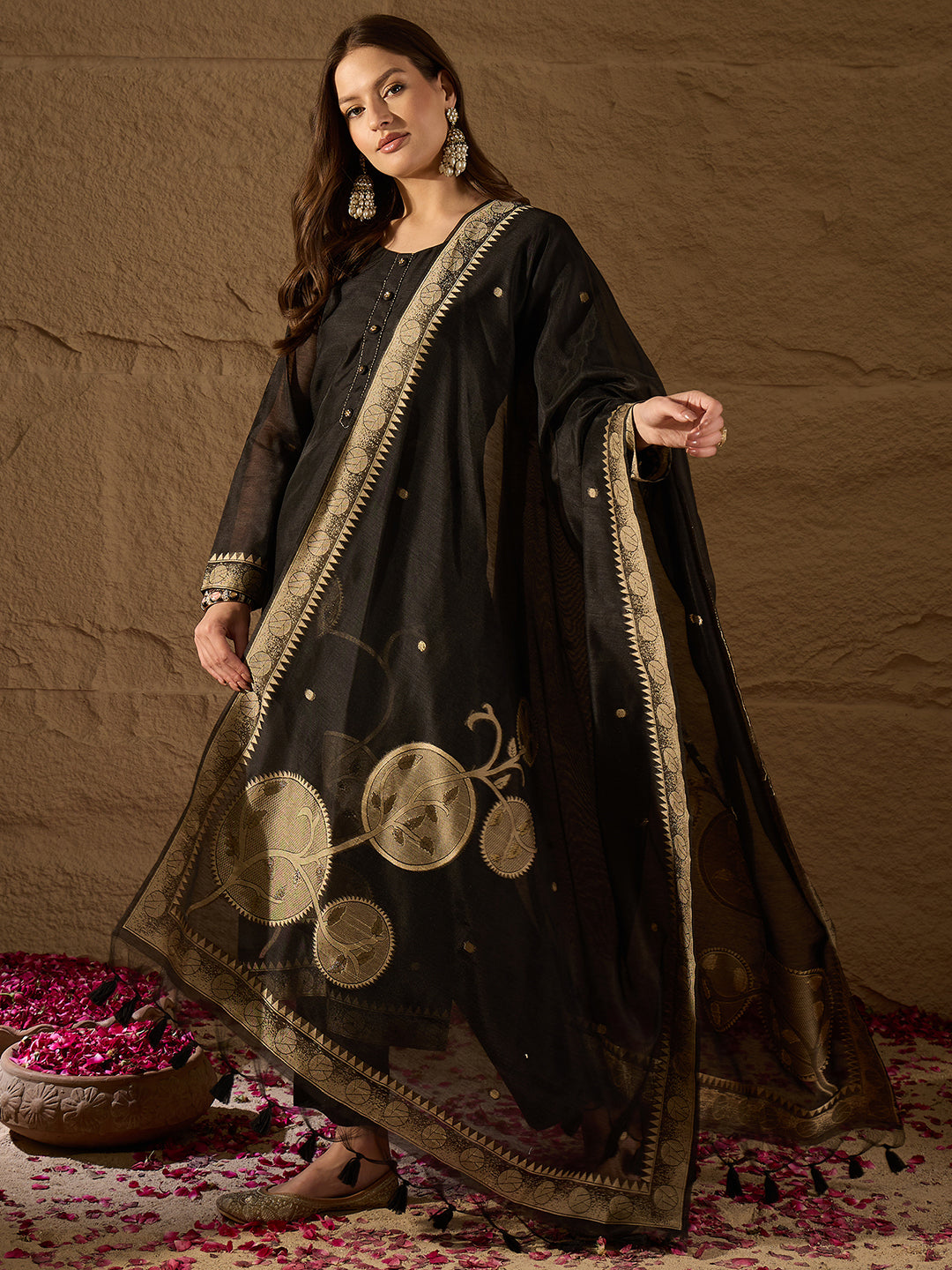 Women Red Chanderi Solid Woven Design Straight Kurta Trousers With Dupatta
