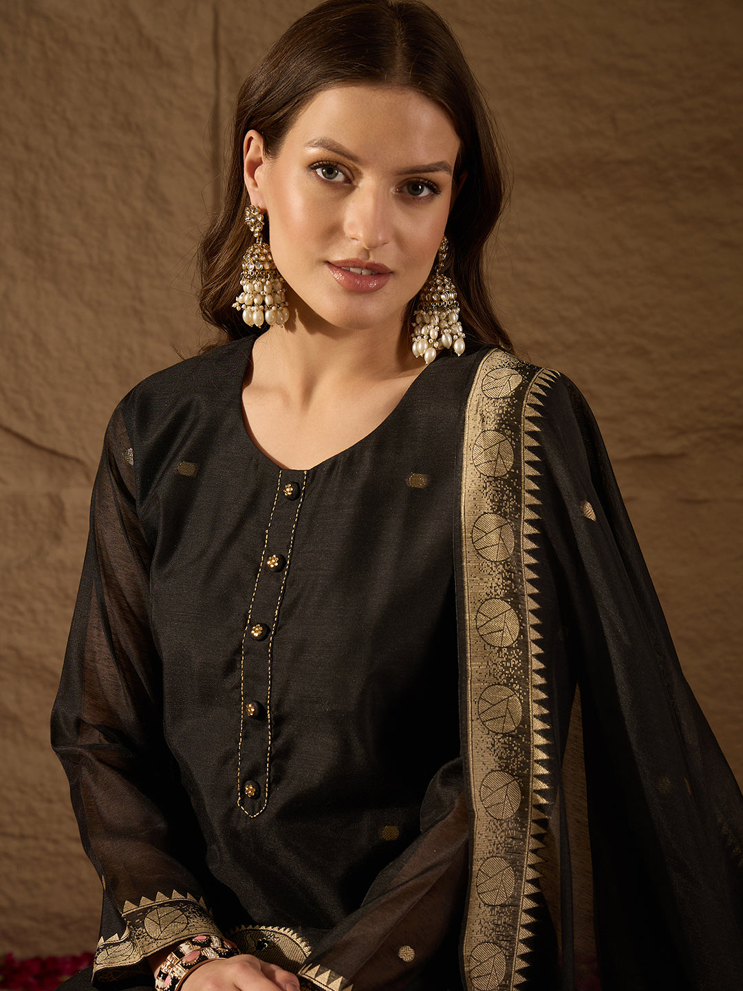 Women Red Chanderi Solid Woven Design Straight Kurta Trousers With Dupatta