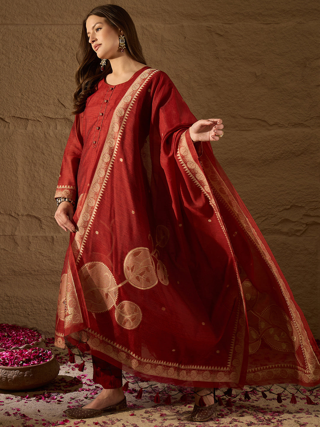 Women Red Chanderi Solid Woven Design Straight Kurta Trousers With Dupatta