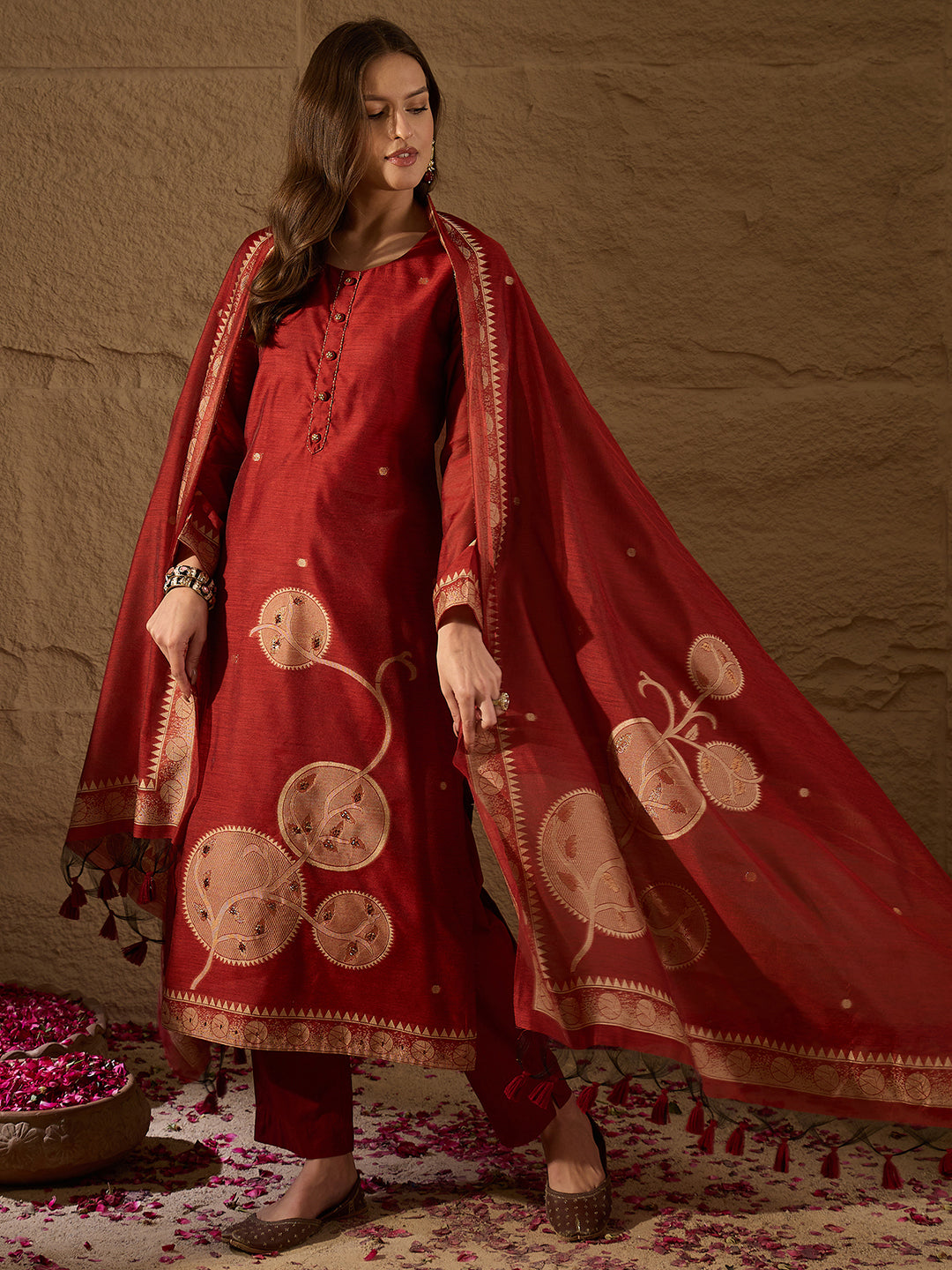 Women Red Chanderi Solid Woven Design Straight Kurta Trousers With Dupatta