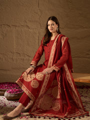 Women Red Chanderi Solid Woven Design Straight Kurta Trousers With Dupatta-SKSKD3070