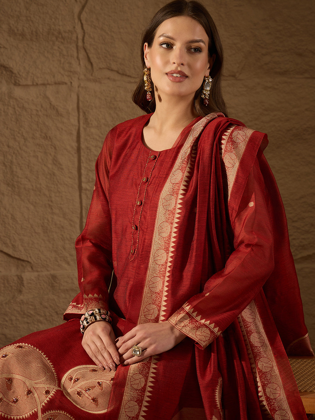 Women Red Chanderi Solid Woven Design Straight Kurta Trousers With Dupatta