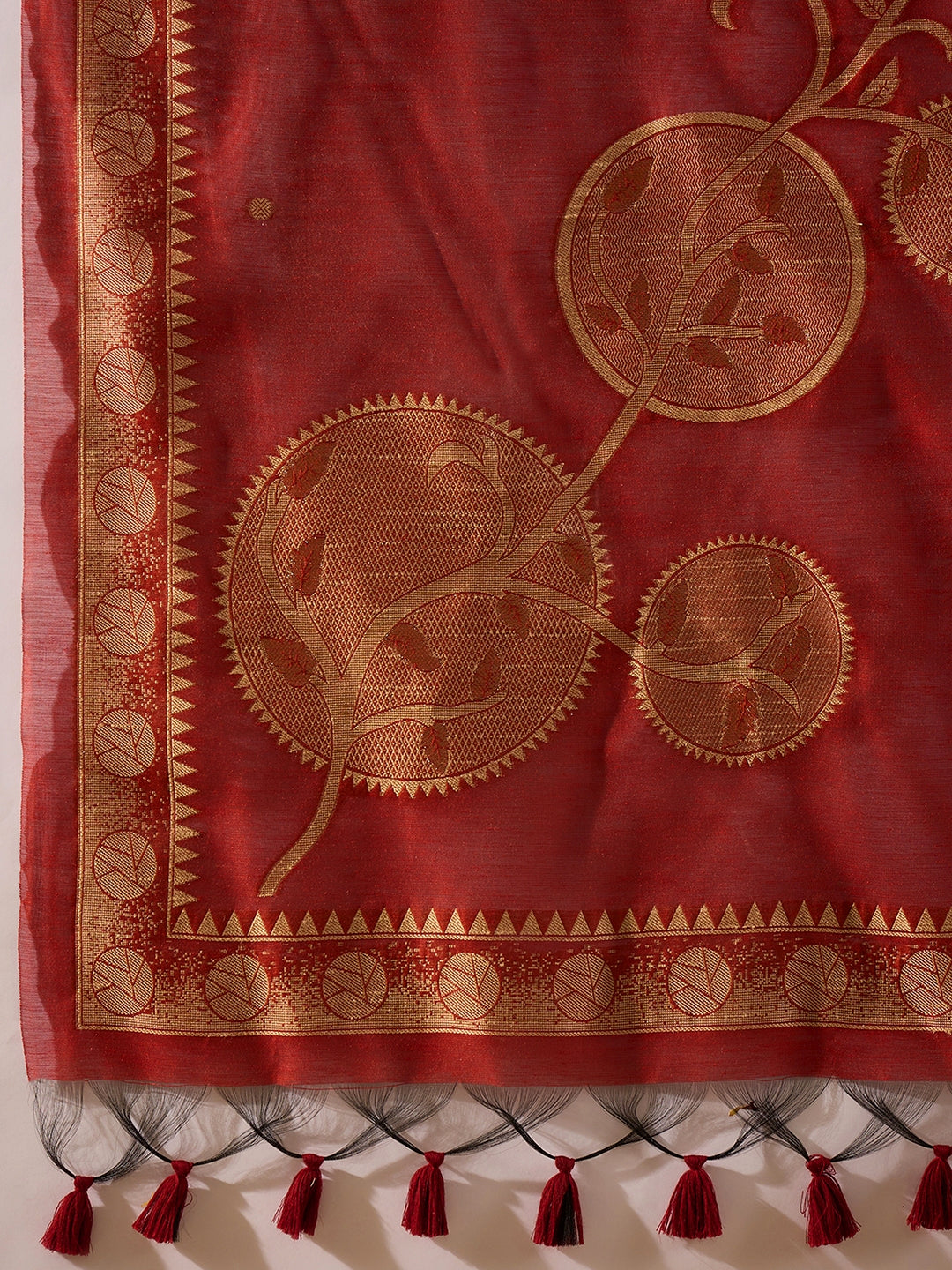 Women Red Chanderi Solid Woven Design Straight Kurta Trousers With Dupatta