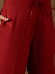 Women Red Chanderi Solid Woven Design Straight Kurta Trousers With Dupatta-SKSKD3070