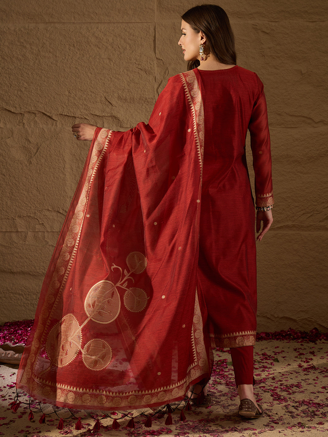 Women Red Chanderi Solid Woven Design Straight Kurta Trousers With Dupatta