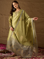 Women Lime Green Pure Silk Solid Woven Design Straight Kurta Trousers With Dupatta-SKSKD3073