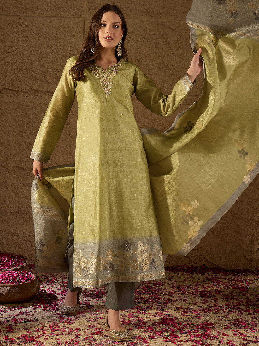 Women Lime Green Pure Silk Solid Woven Design Straight Kurta Trousers With Dupatta
