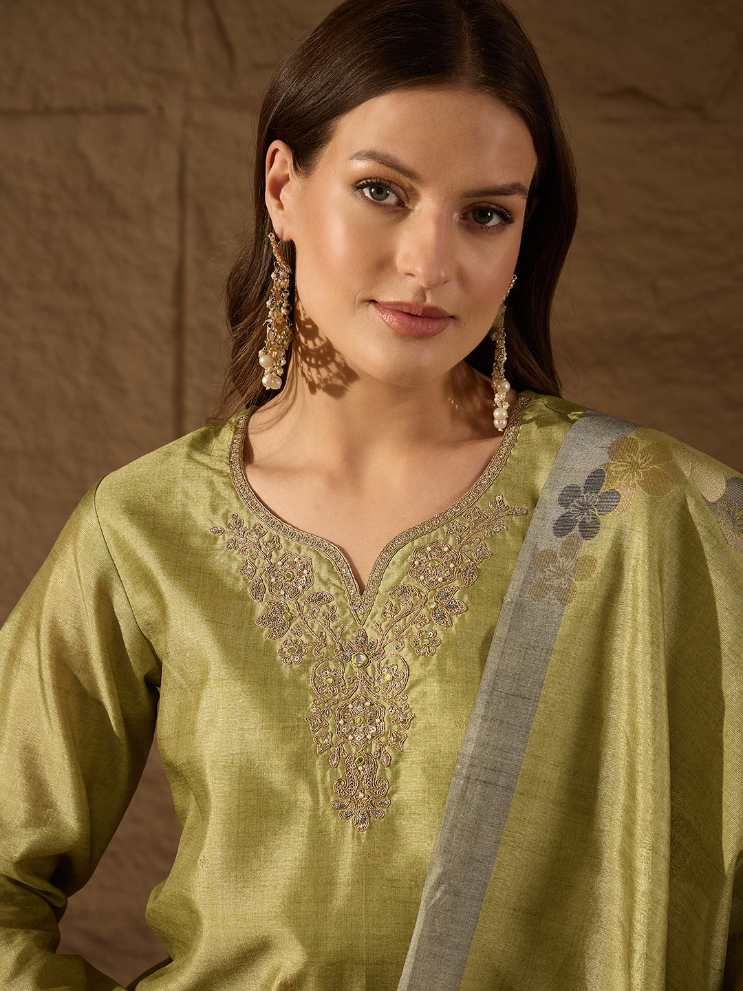 Women Lime Green Pure Silk Solid Woven Design Straight Kurta Trousers With Dupatta