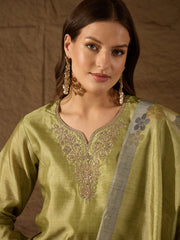 Women Lime Green Pure Silk Solid Woven Design Straight Kurta Trousers With Dupatta-SKSKD3073
